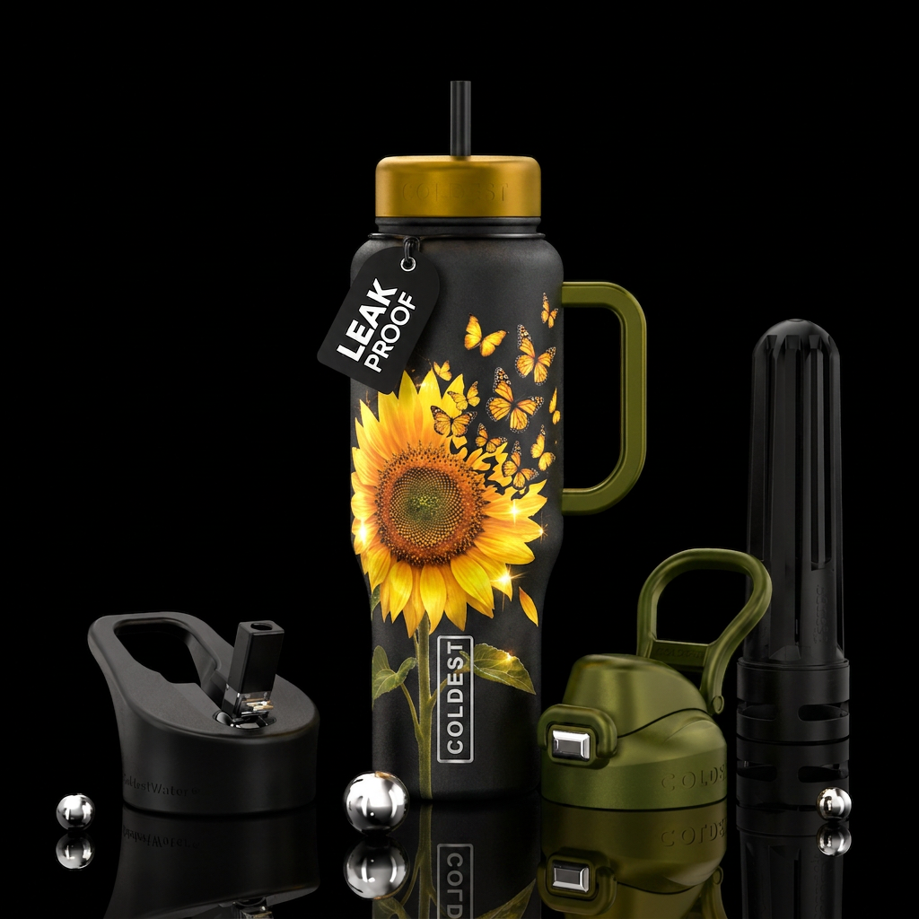 Sunflower with a portion of upper right petals bre... water bottle design