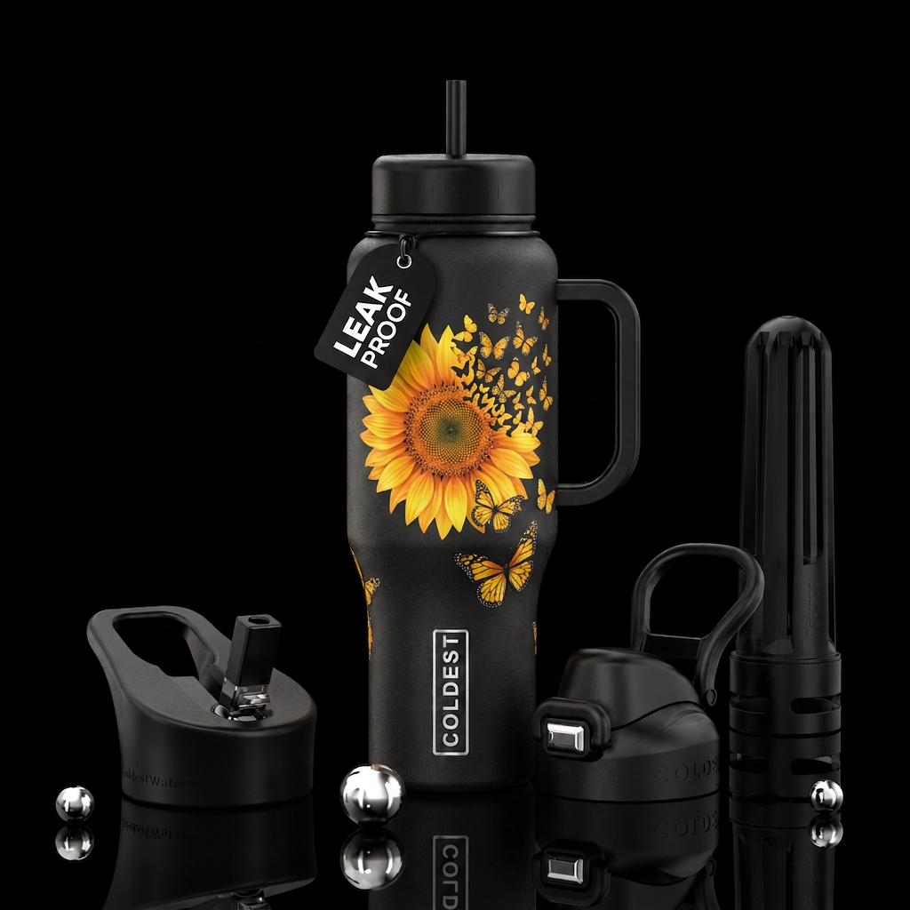 Sunflower with a portion of upper right petals bre... water bottle design