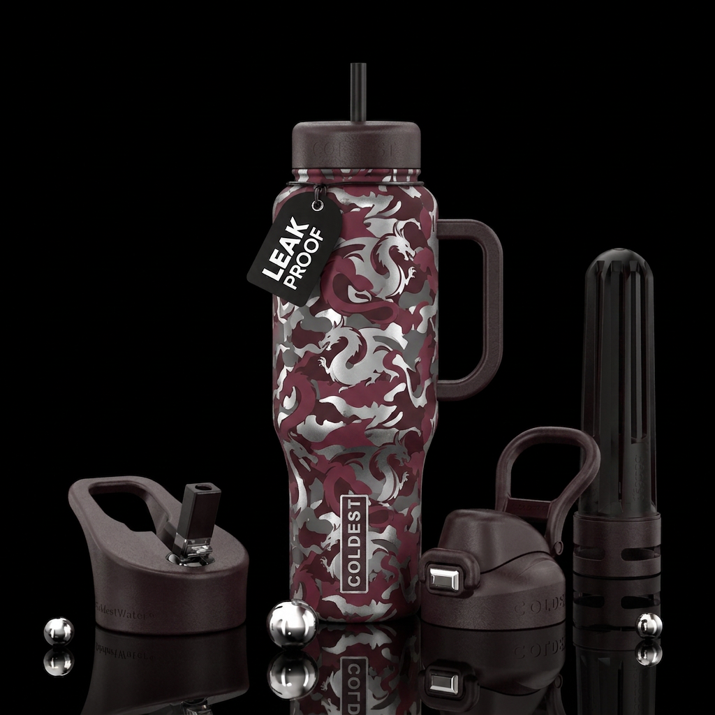 Maroon and Grey and silver camouflage in dragon sh... water bottle design