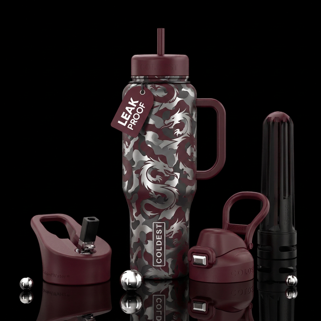 Maroon and Grey and silver camouflage in dragon sh... water bottle design