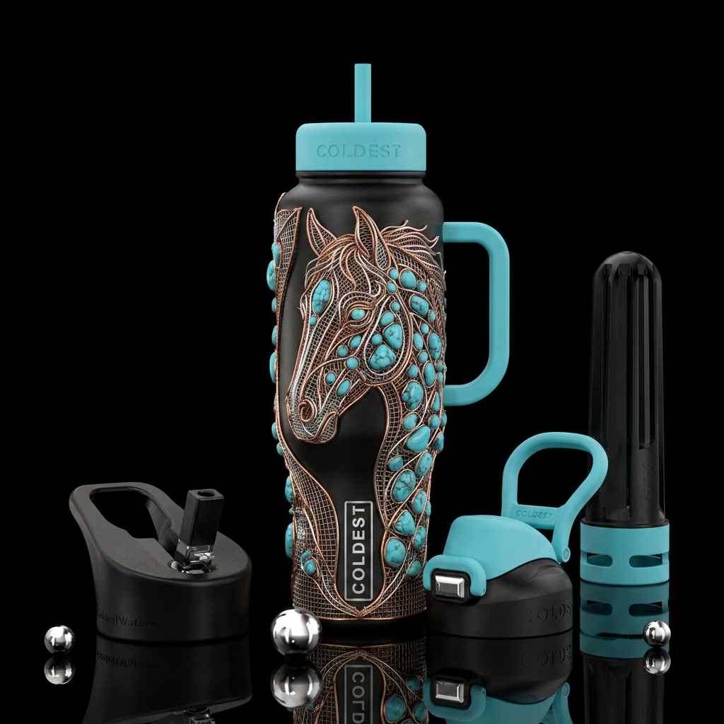 Wire sculpture of horse head with turquoise stone ... water bottle design