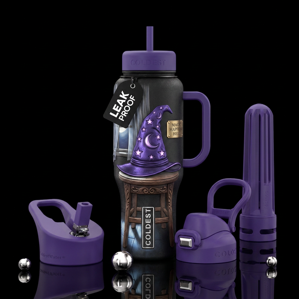 Royal purple wizard hat with glowing stars and moo... water bottle design