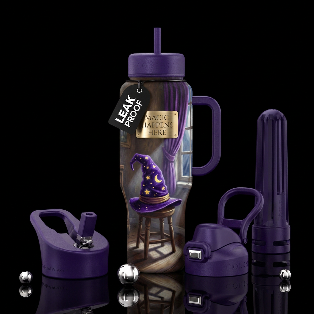 Royal purple wizard hat with glowing stars and moo... water bottle design