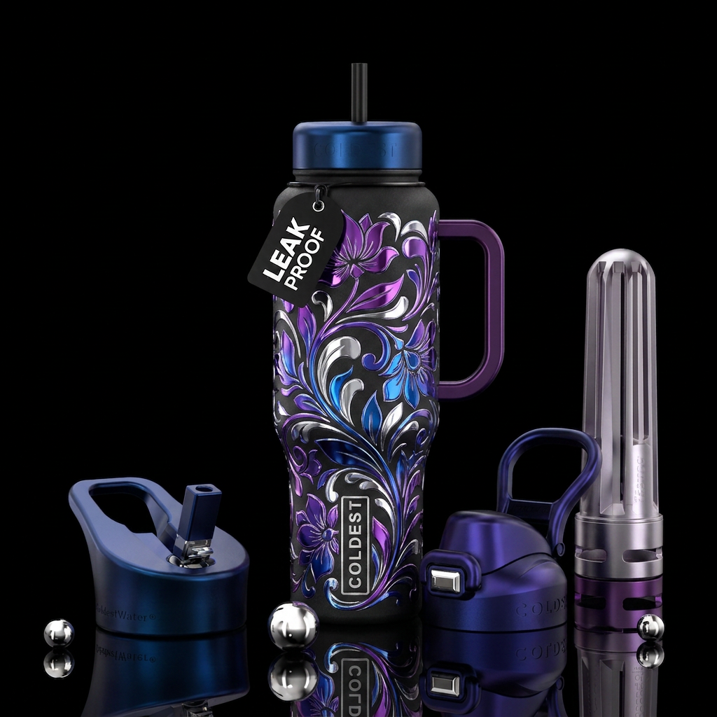 Black base with purple and silver and blue chromed... water bottle design