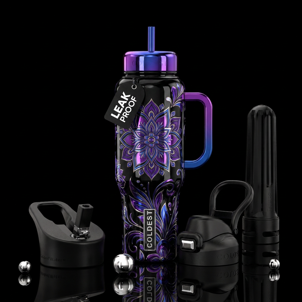 Black base with purple and silver and blue chromed... water bottle design