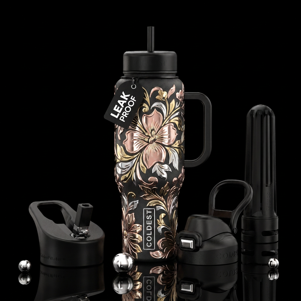 Black base with rose gold,silver and gold, chromed... water bottle design