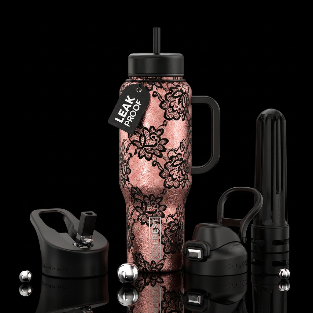Rose gold background with black lace water bottle design