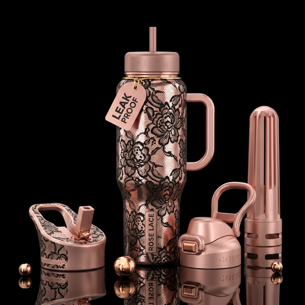 Rose gold background with black lace water bottle design