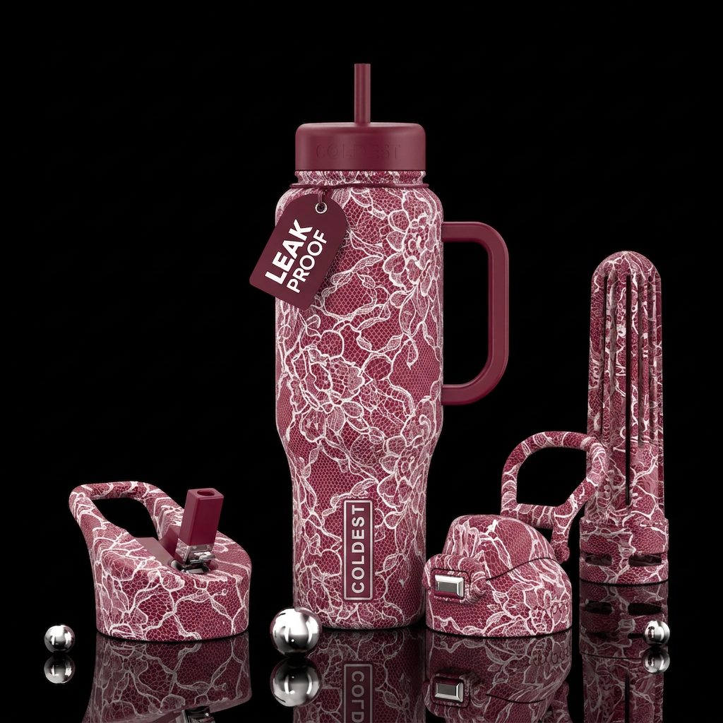 Maroon background with white Chantilly lace water bottle design