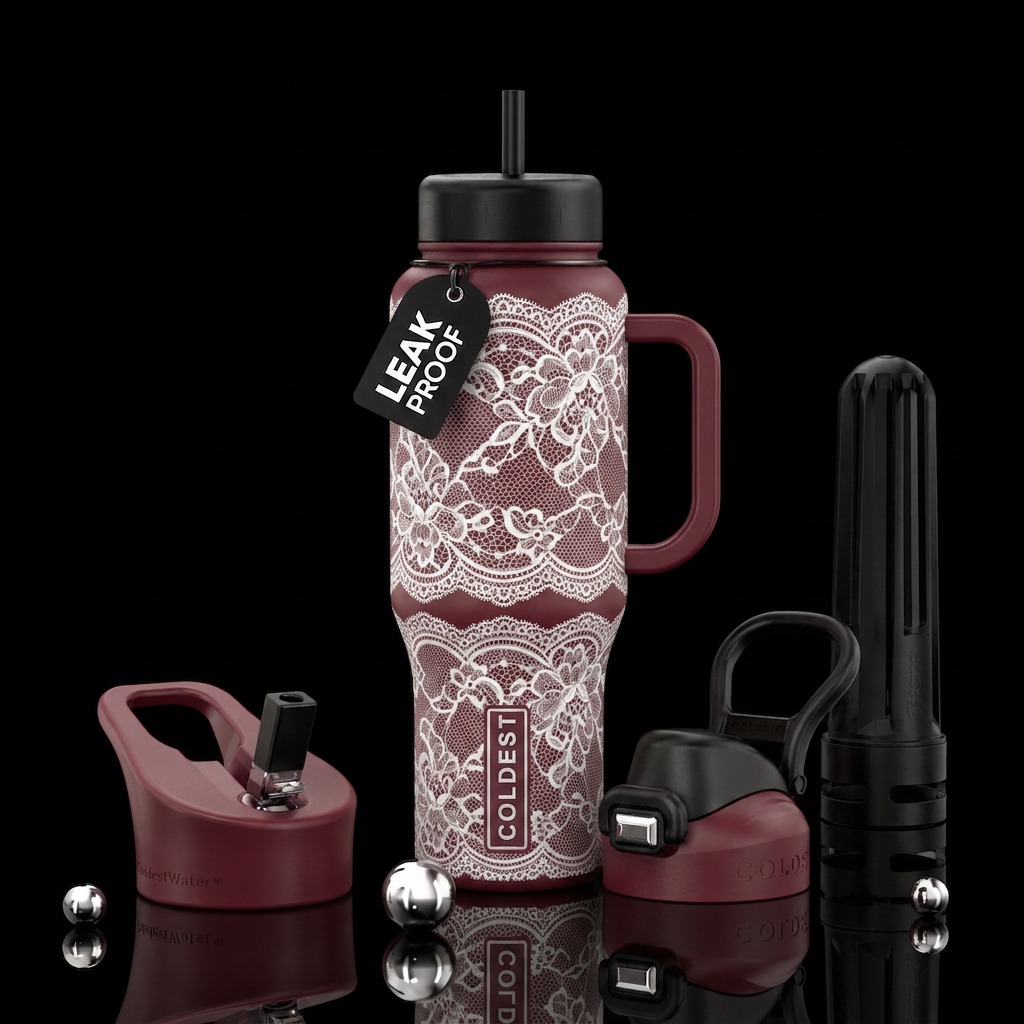 Maroon background with white Chantilly lace water bottle design