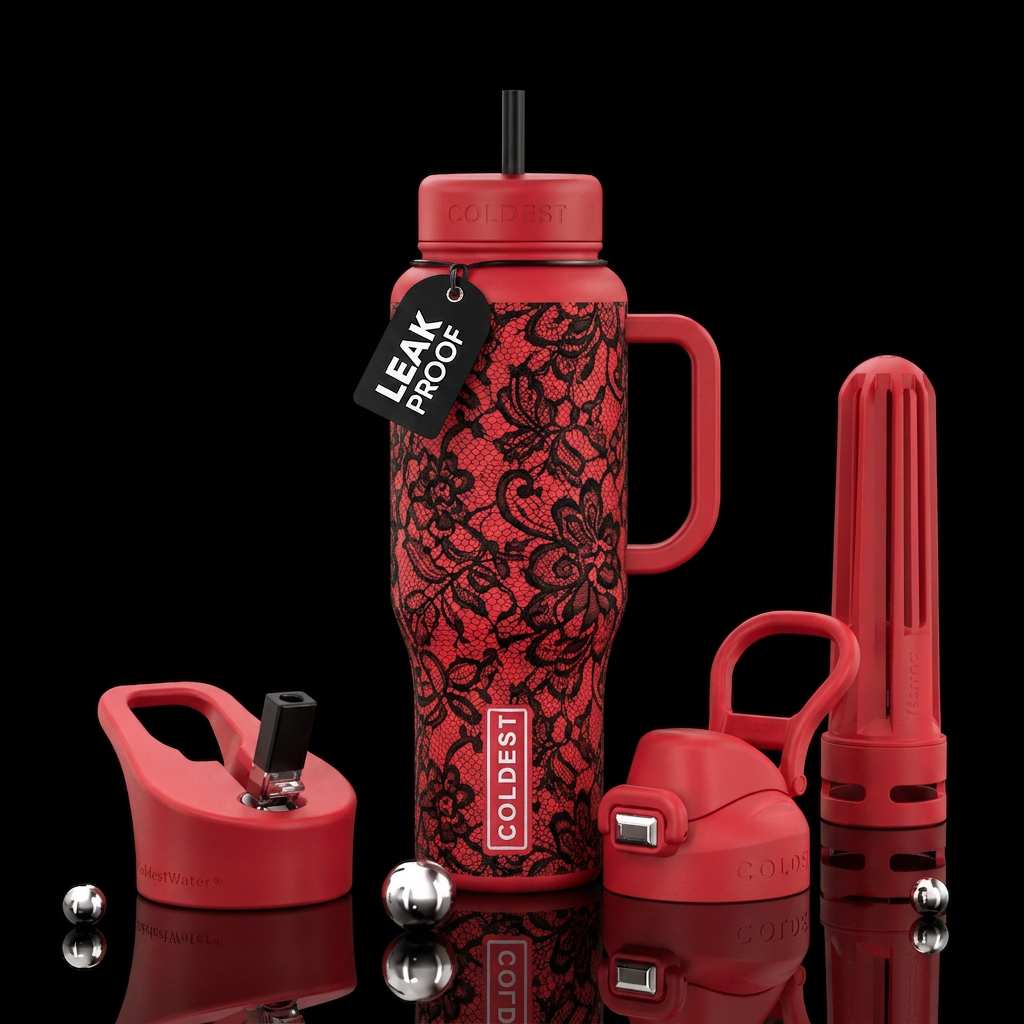 Lipstick red with black lace overlay water bottle design