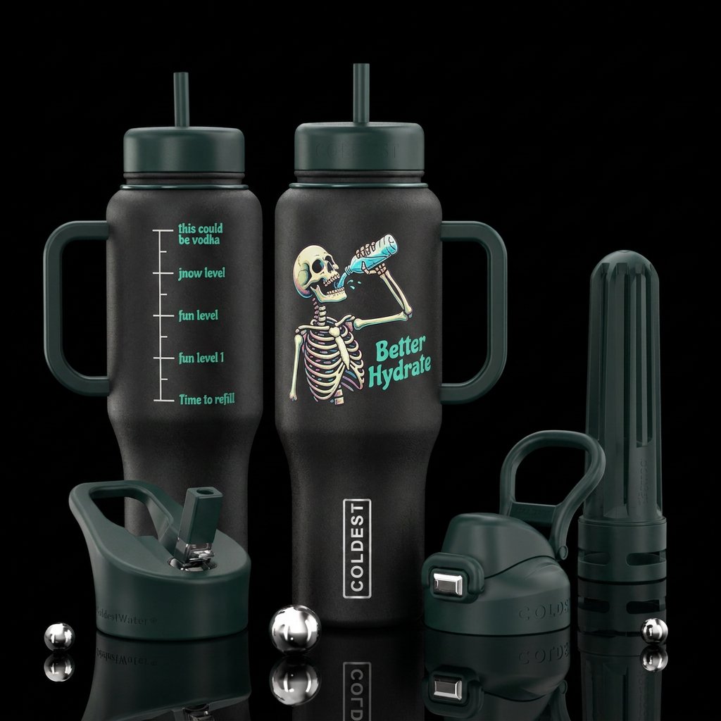 Skeleton drinking from water bottle,  caption " Be... water bottle design