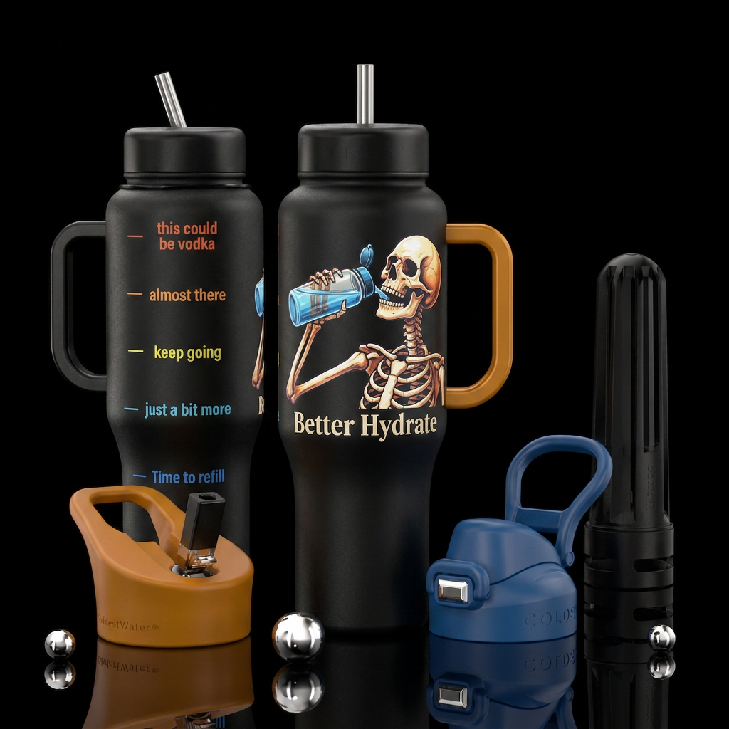 Skeleton drinking from water bottle,  caption " Be... water bottle design