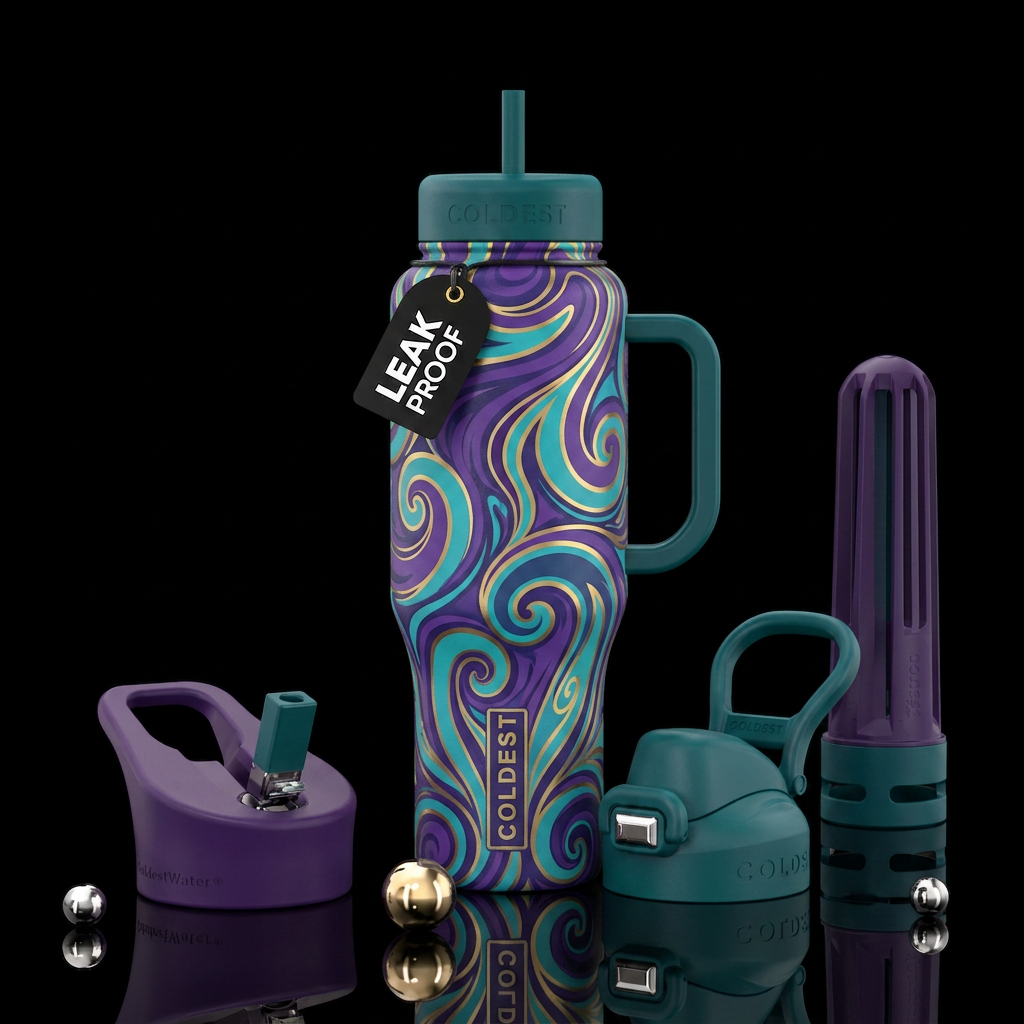 Royal purple, teal and gold swirls water bottle design