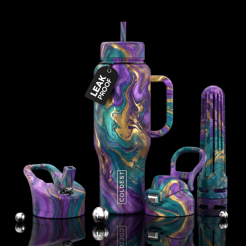 Royal purple, teal and gold swirls water bottle design