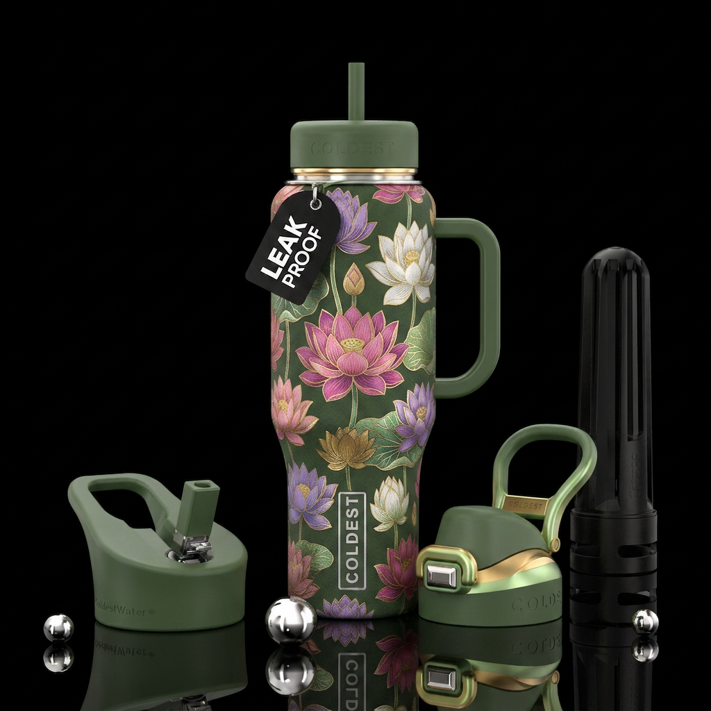 Lotus flowers on moss green background with gold l... water bottle design