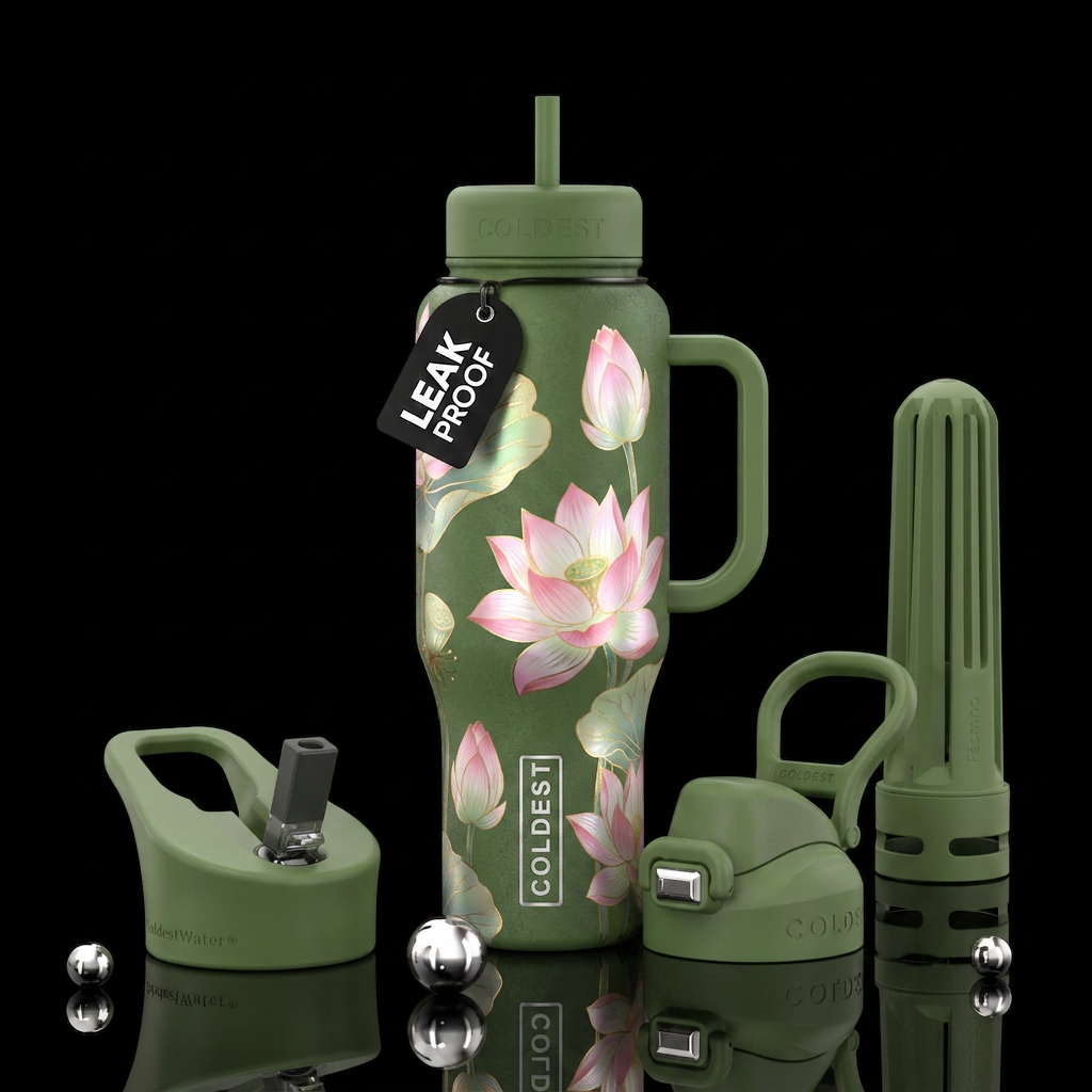 Lotus flowers on moss green background with gold l... water bottle design