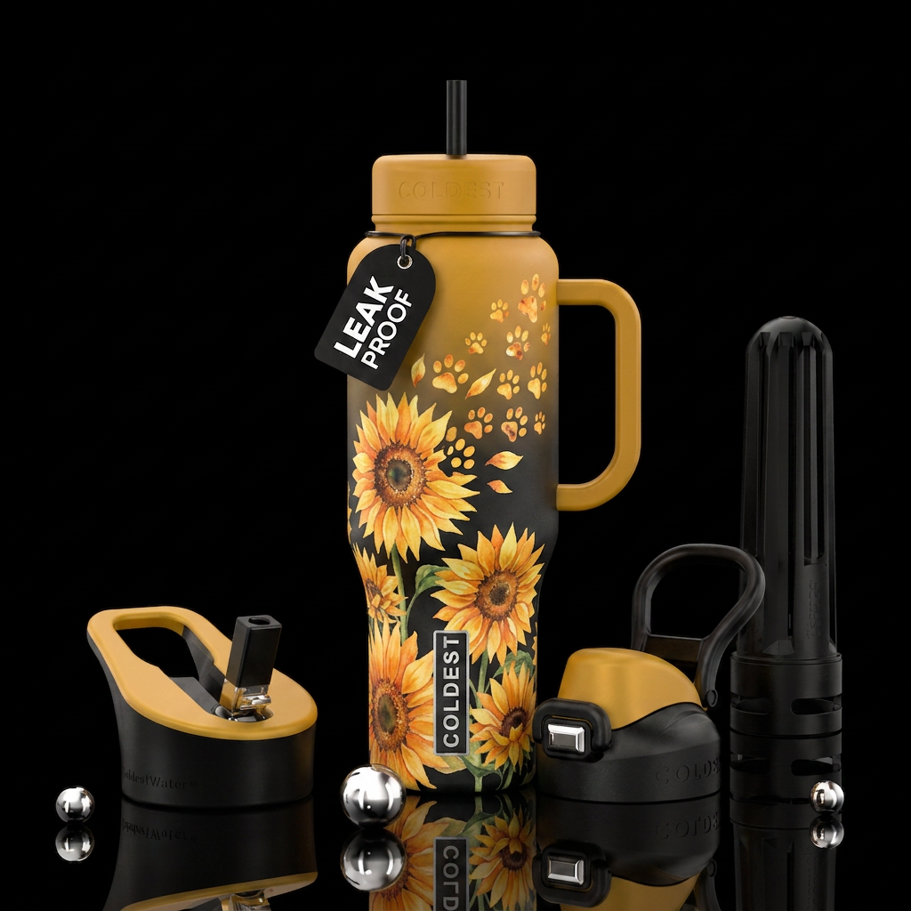 Water colors with sunflower with upper right quadr... water bottle design
