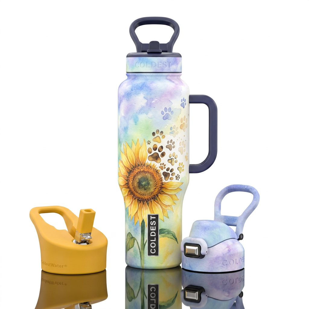 Water colors with sunflower with upper right quadr... water bottle design