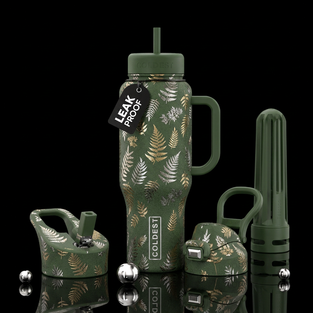 Moss green background with silver and gold fern le... water bottle design