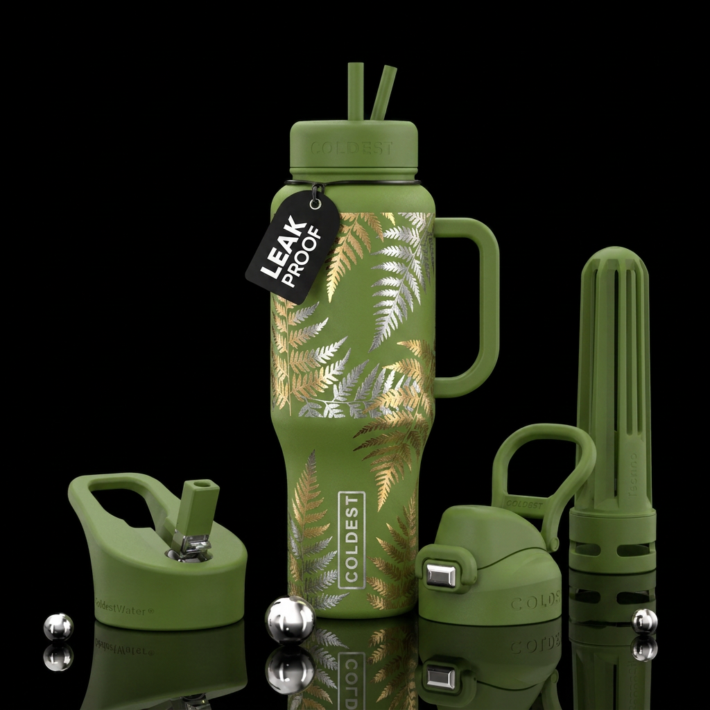 Moss green background with silver and gold fern le... water bottle design
