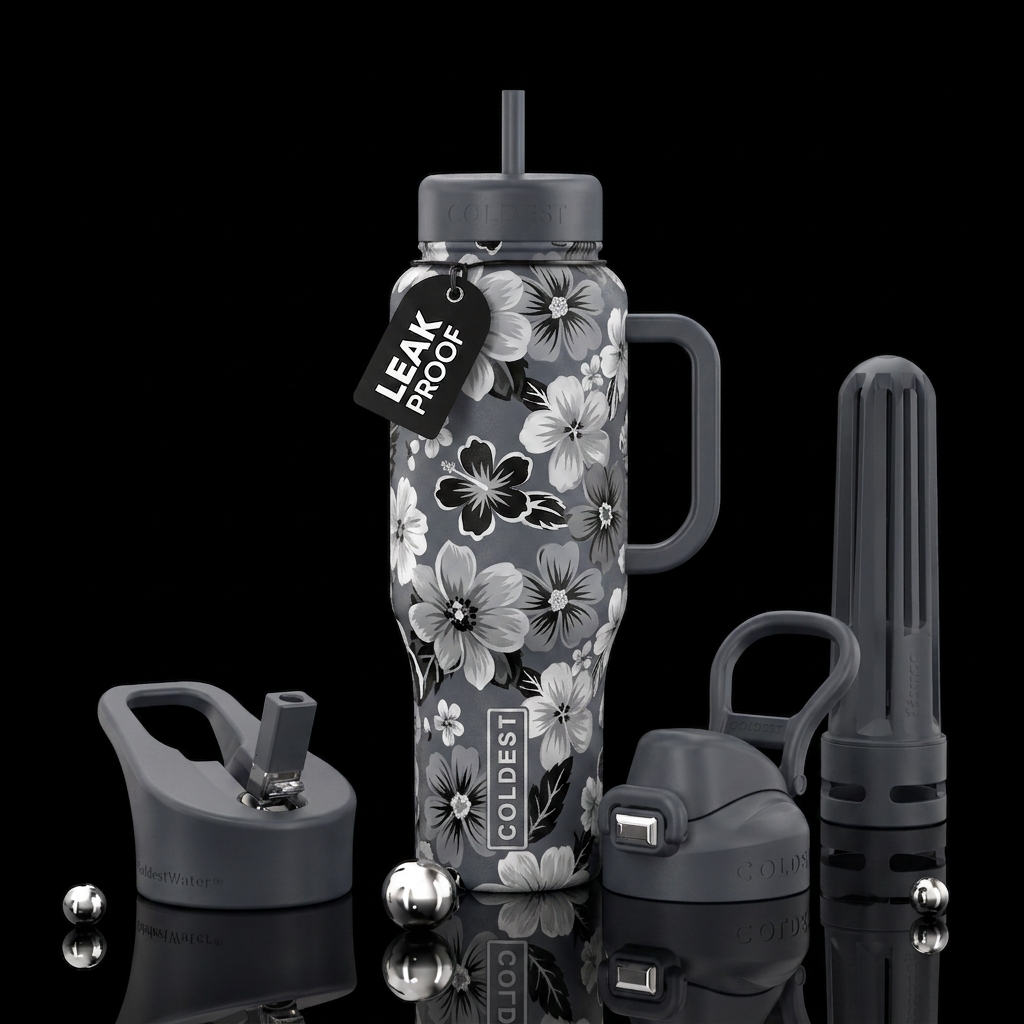 Grey and white flowers with black accents i water bottle design