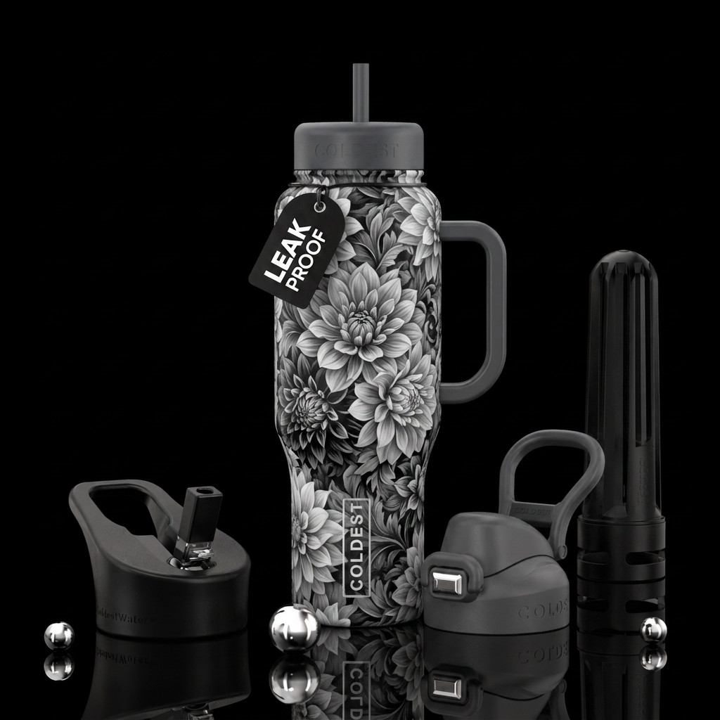 Grey and white flowers with black accents i water bottle design