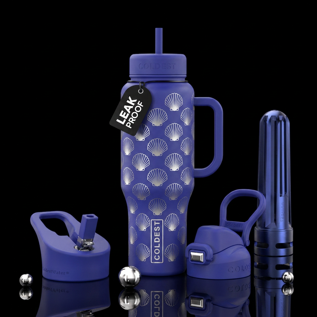 Indigo blue with silver scallops shells water bottle design