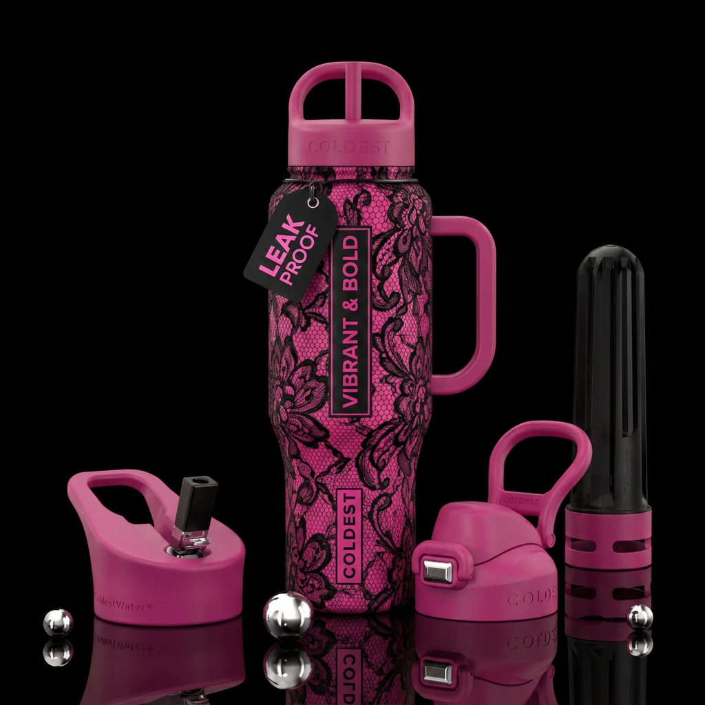 Fuchsia back ground with black lace water bottle design