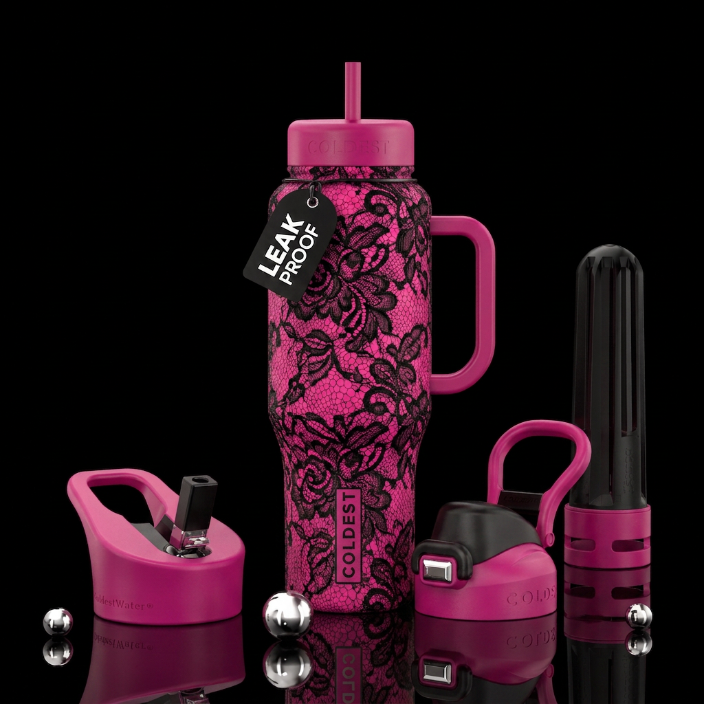 Fuchsia back ground with black lace water bottle design