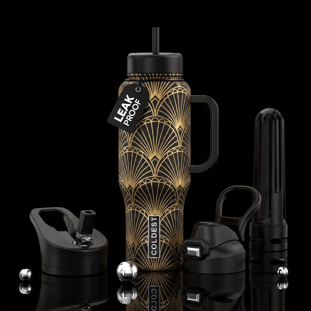 Art deco fans gold on a black background water bottle design