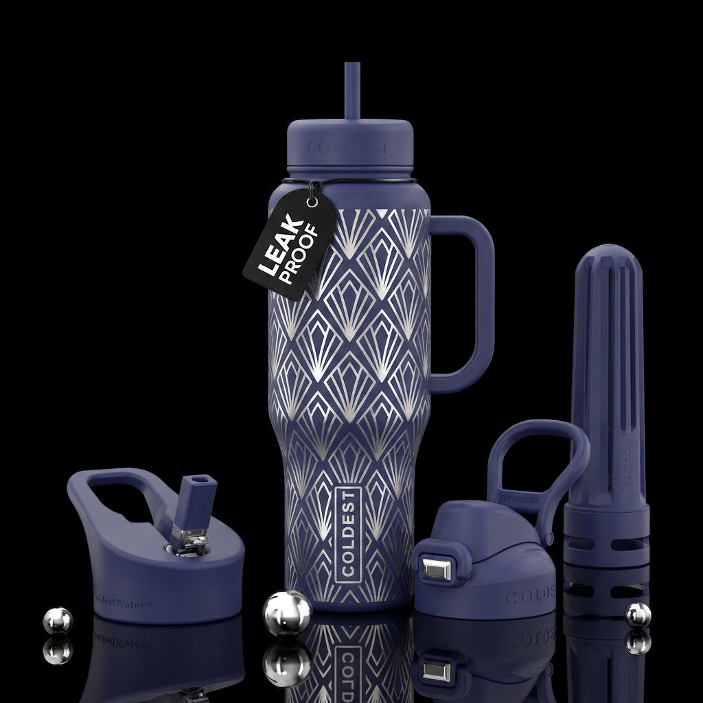 Art deco diamonds silver on a indigo background water bottle design
