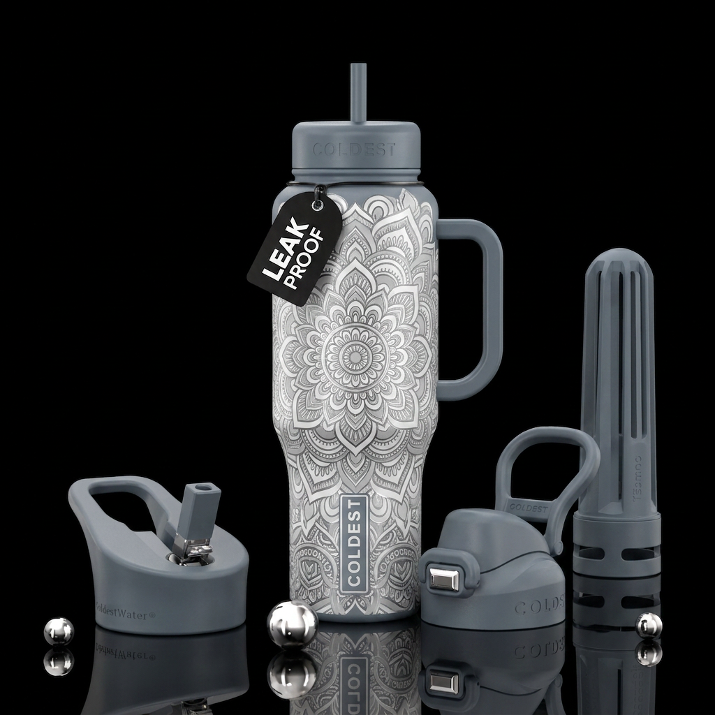Black background with white Grey and silver mandal... water bottle design