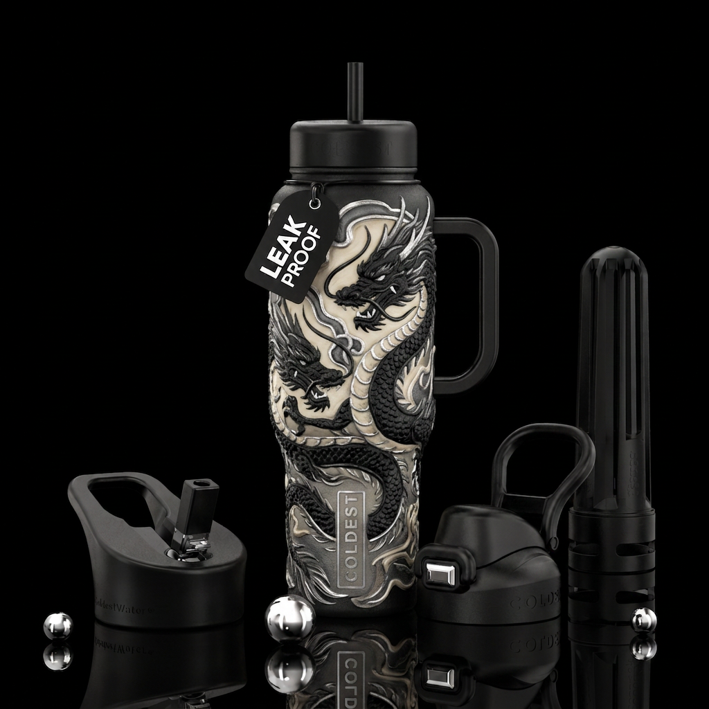 Moriage dragons in blacks, creams,Grey with silver... water bottle design