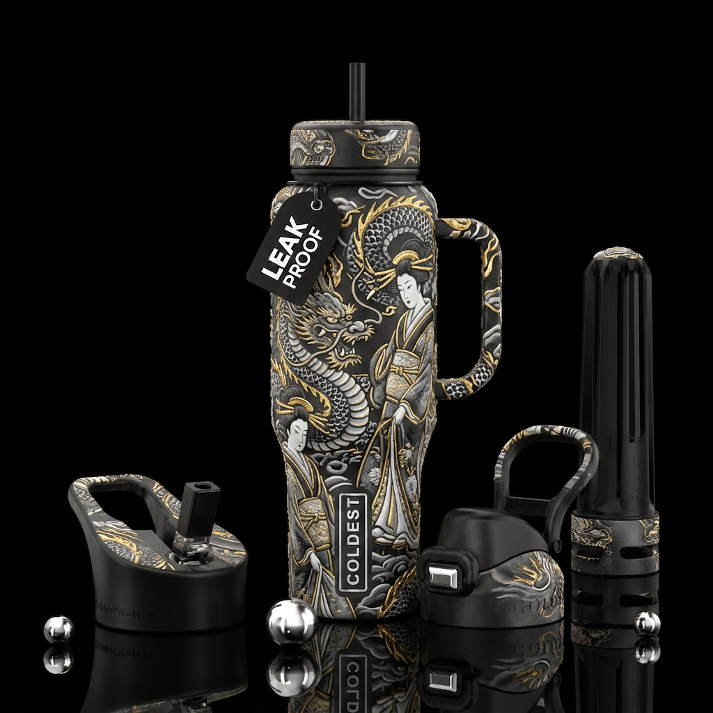 Dragons and geisha in moriage in blacks white Grey... water bottle design
