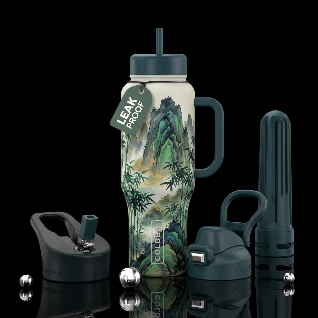 Sumi-e style mountains and bamboo in appropriate c... water bottle design