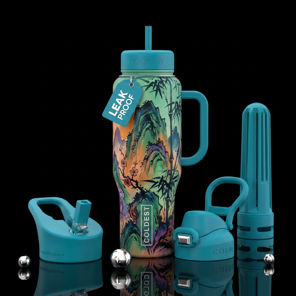 Sumi-e style mountains and bamboo in appropriate c... water bottle design