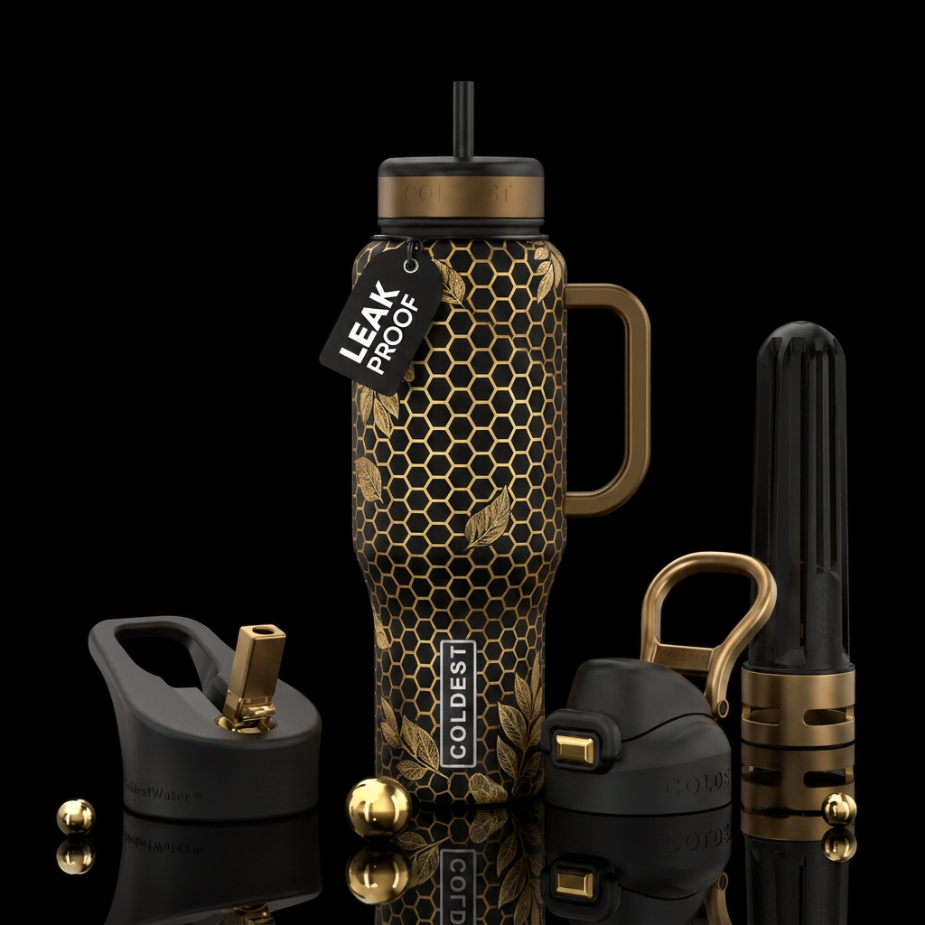 Black.with golden honeycomb with golden leaves spo... water bottle design