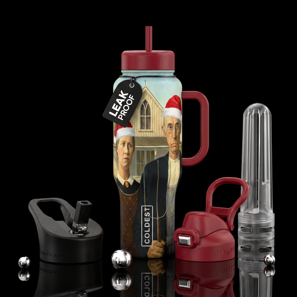 American Gothic farmer and wife with pitchfork,  w... water bottle design
