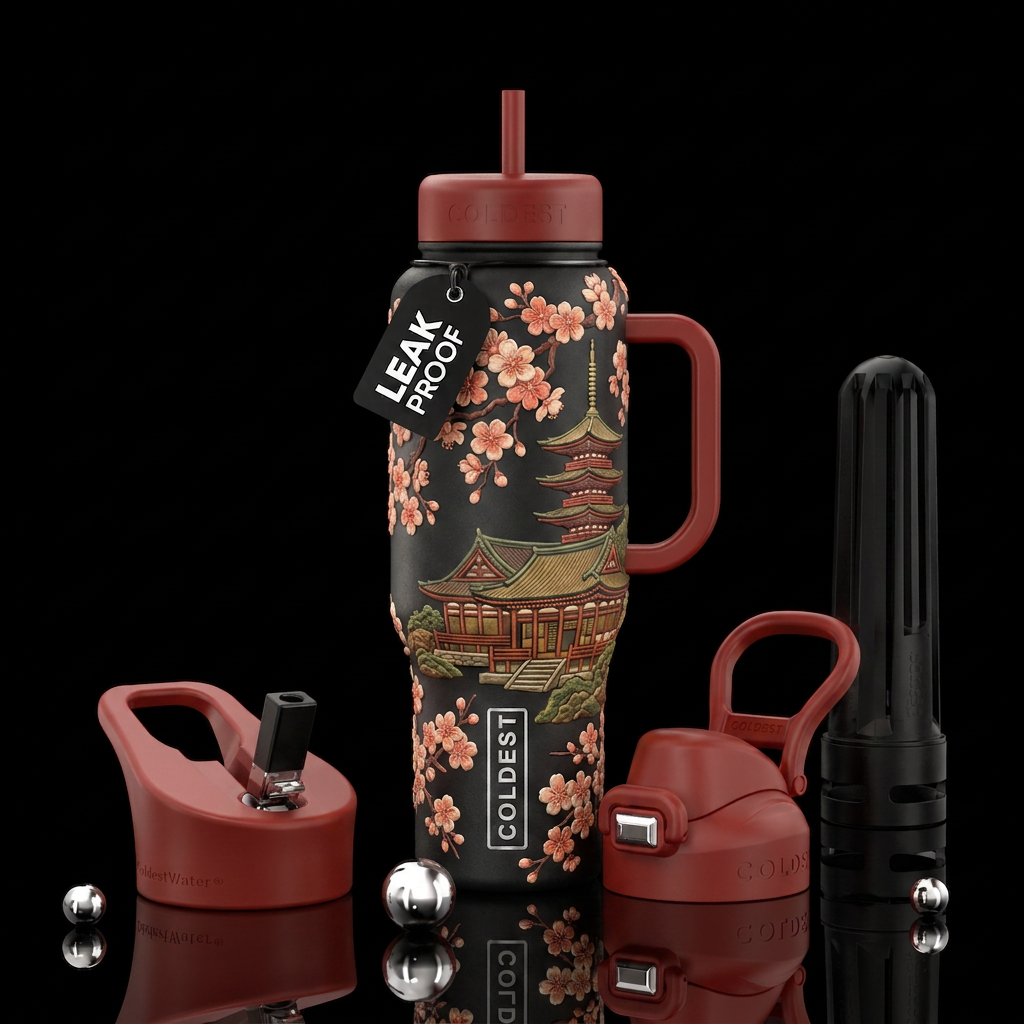 Moriage cherry blossoms with Buddhist temple in ba... water bottle design