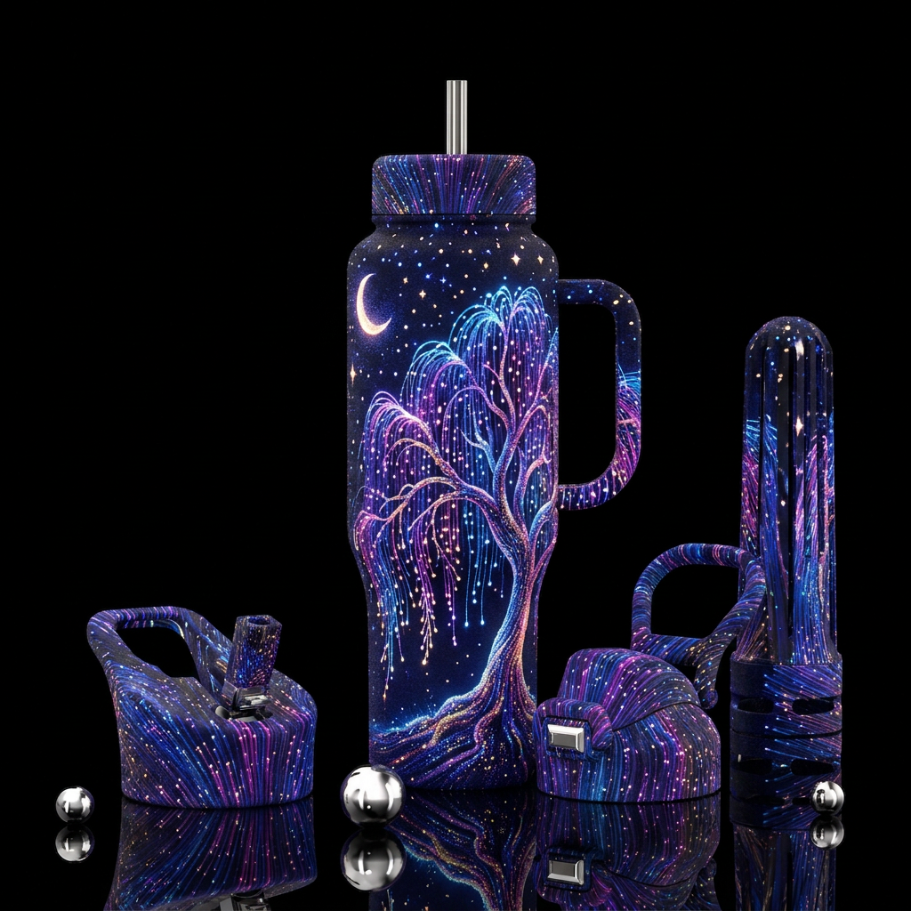 Fiber optic art with weeping willow and moon and s... water bottle design
