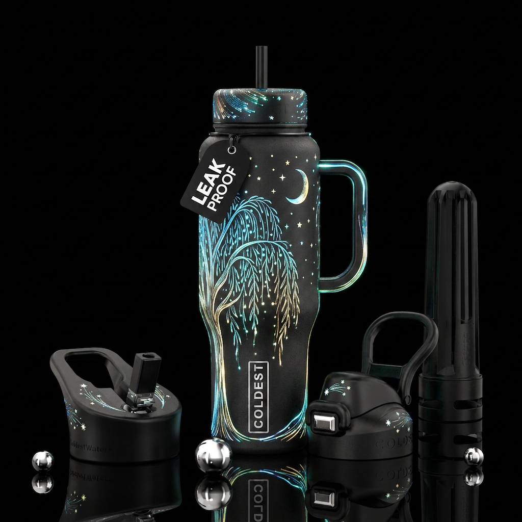 Fiber optic art with weeping willow and moon and s... water bottle design
