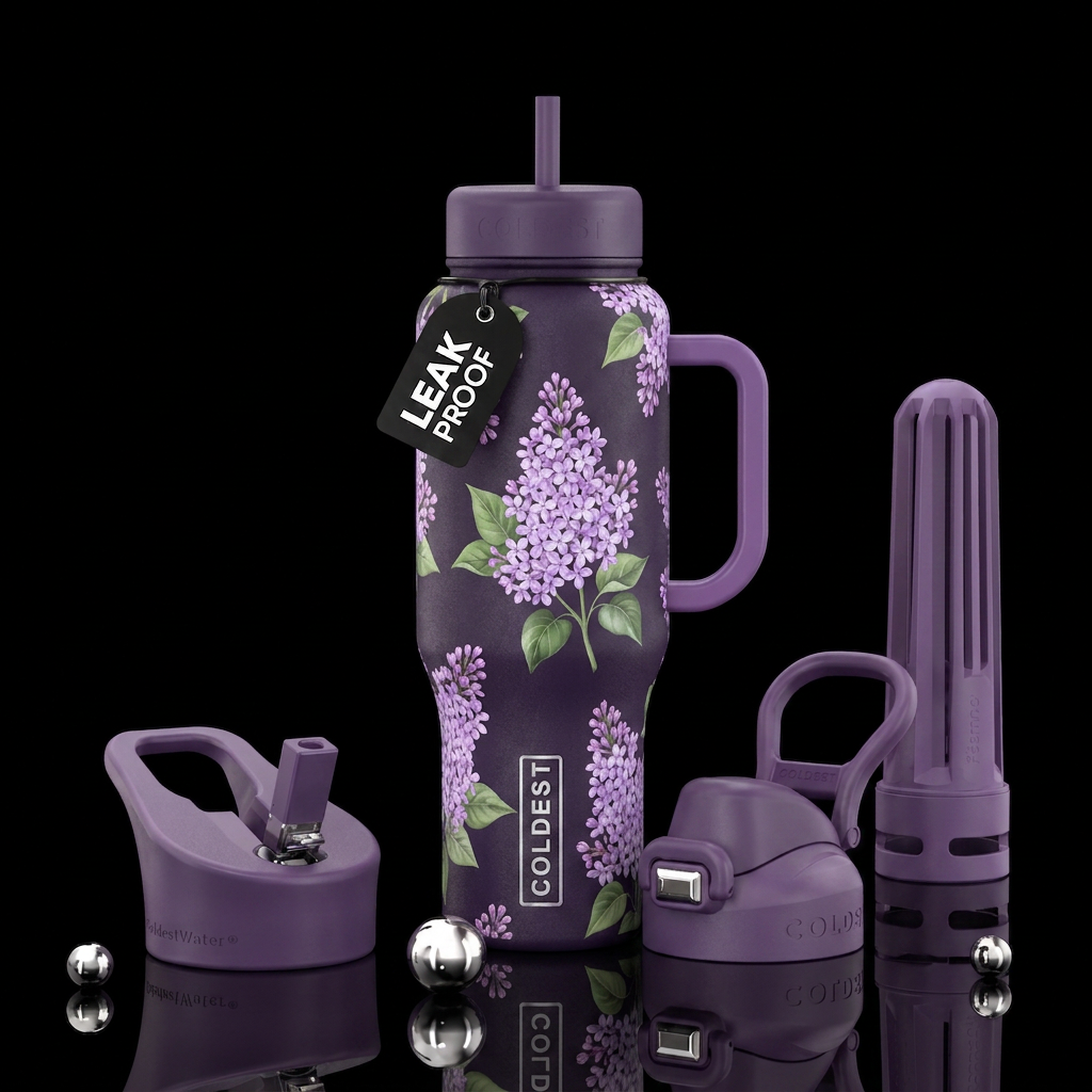 Dark purple bottle with lavender lilacs with usual... water bottle design