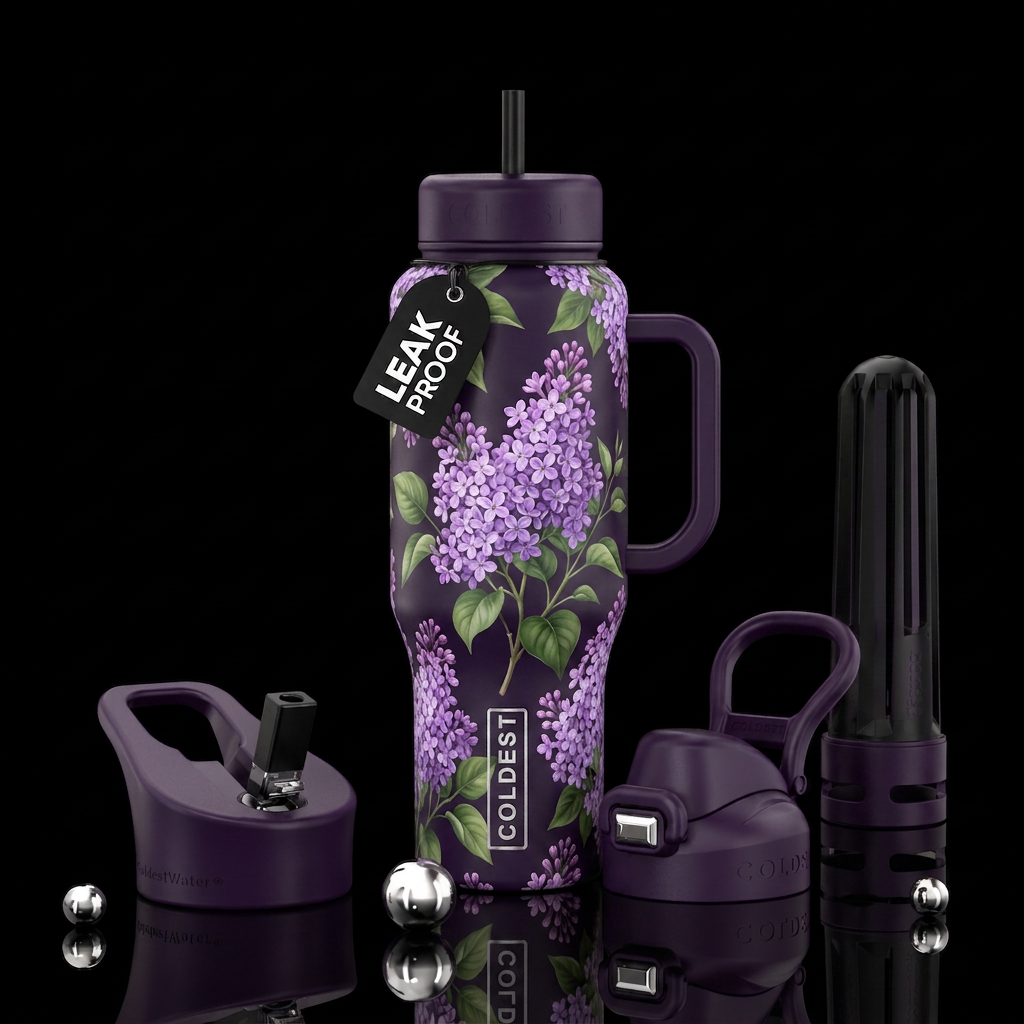 Dark purple bottle with lavender lilacs with usual... water bottle design