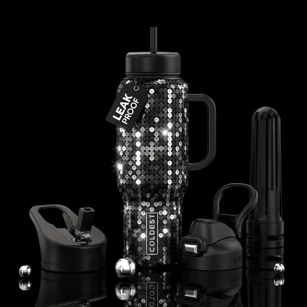 Sequins black and silver water bottle design