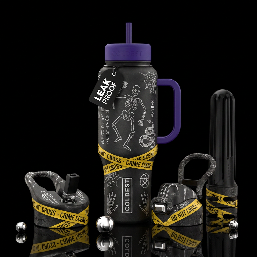 Chalk outline, do not cross tape, halloween macabr... water bottle design