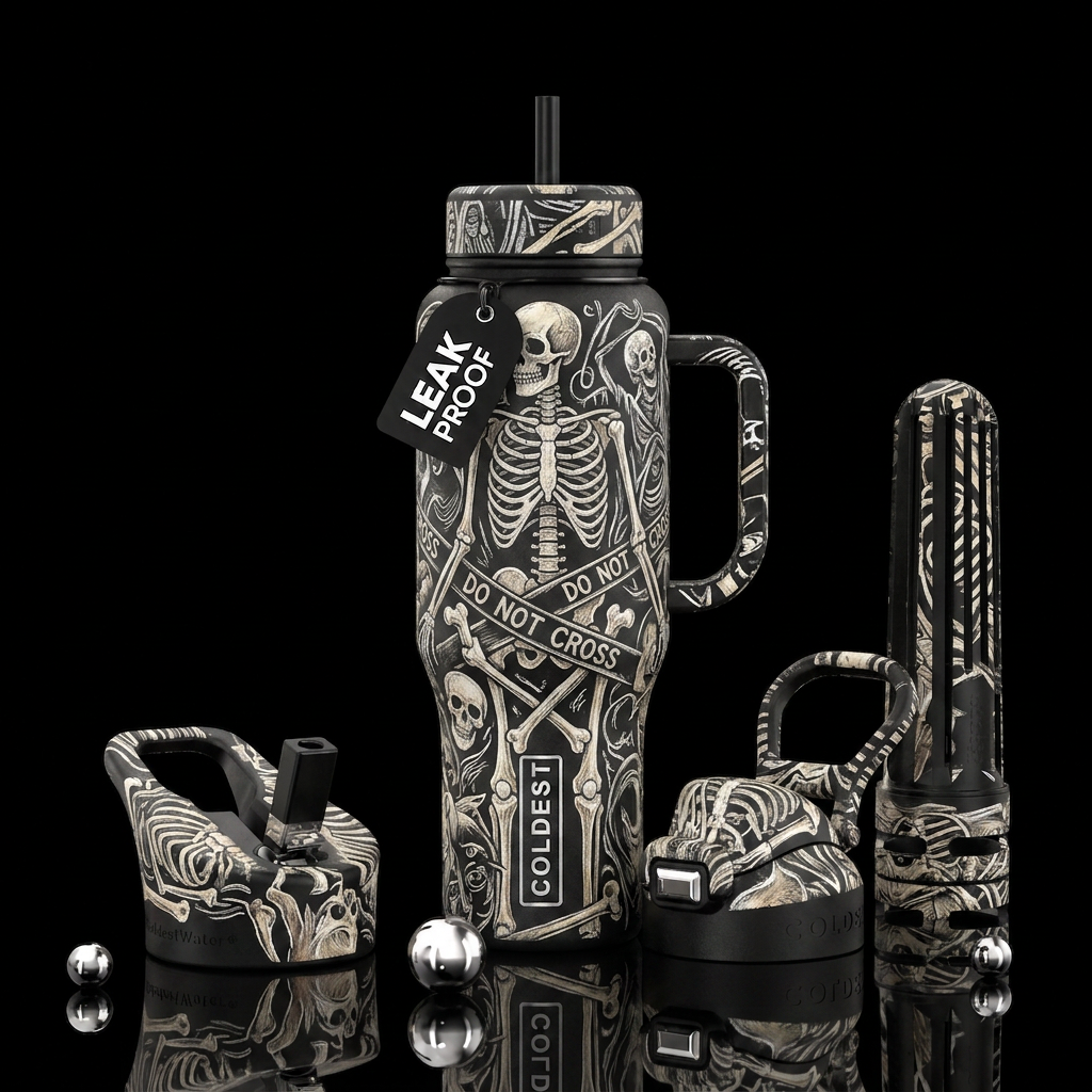 Chalk outline, do not cross tape, halloween macabr... water bottle design