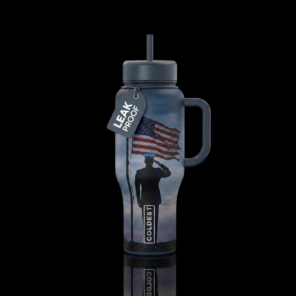 A lone service man standing saluting a half mast f... water bottle design