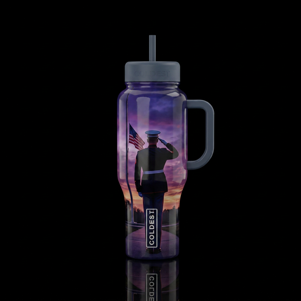 A lone service man standing saluting a half mast f... water bottle design