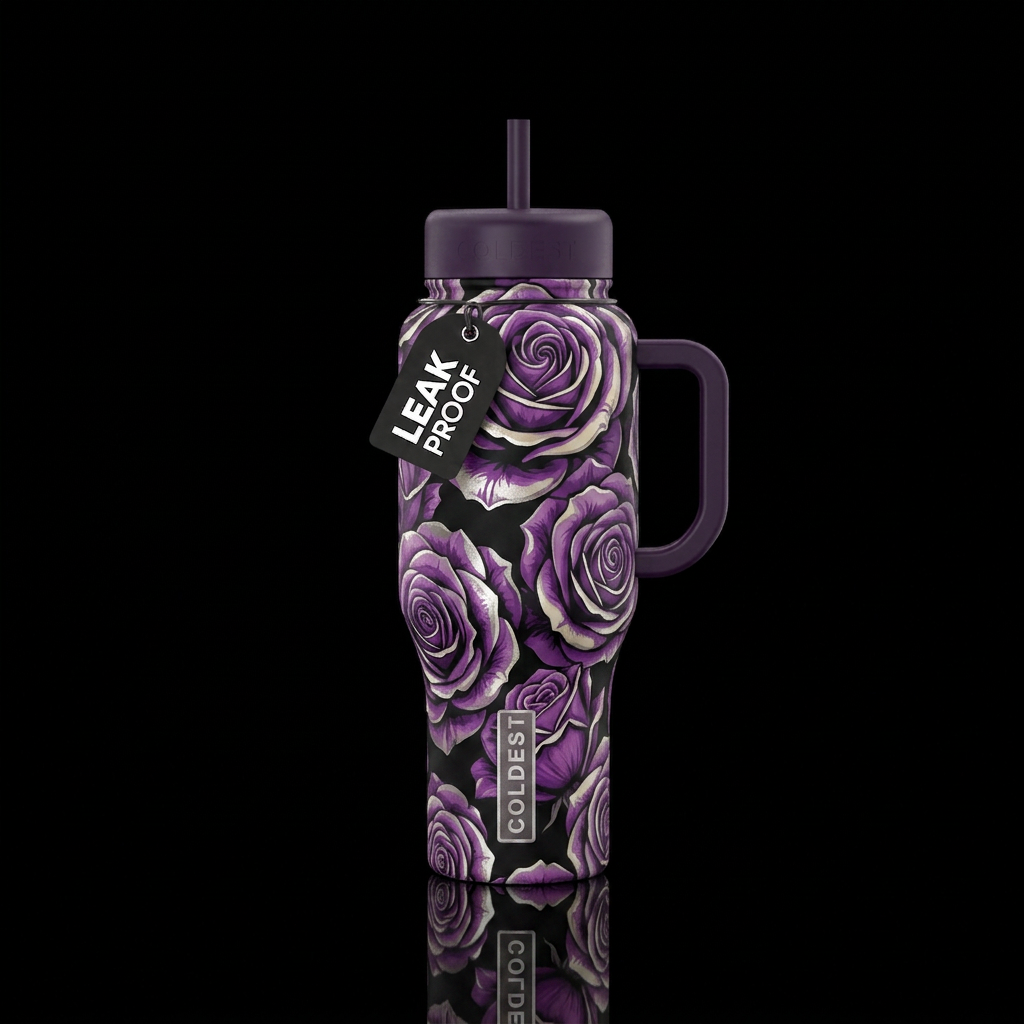 Caɓbage roses in purple with silver and cream high... water bottle design